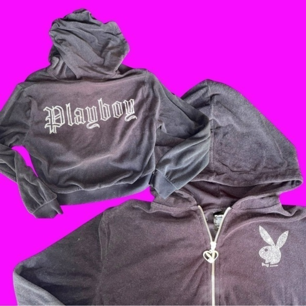 Y2K PLAYBOY Bunny Velour Velvet Rhinestone Bling  Zip-Up Hoodie Jacket